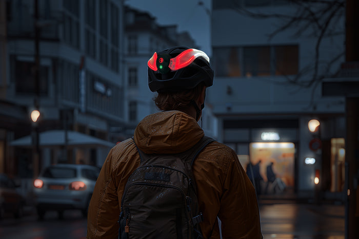 NightBlazr illuminated on helmet and with packaging