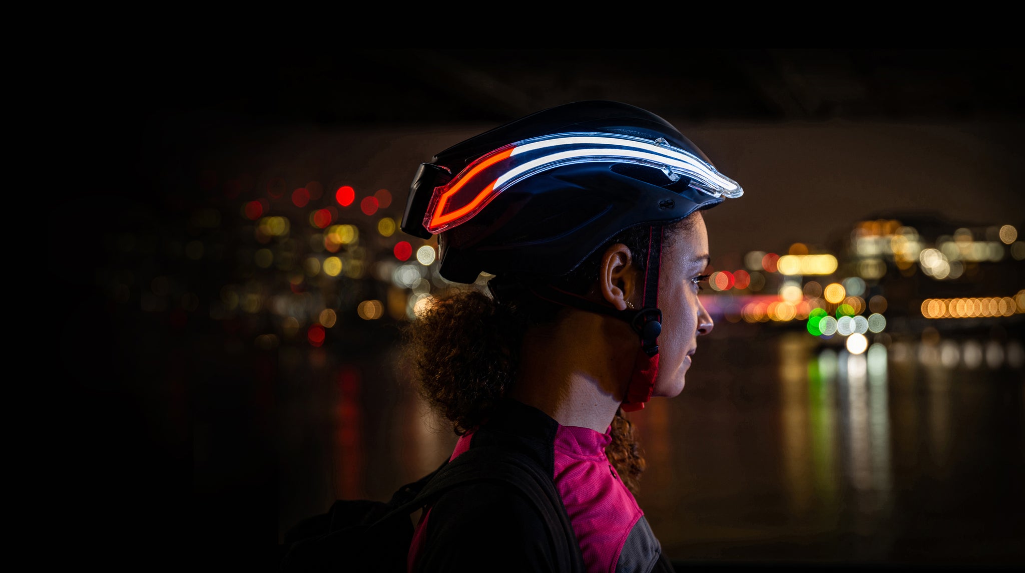 Profile image of female wearing Nightblazr helmet light in low light conditions. Showing 360º visibility
